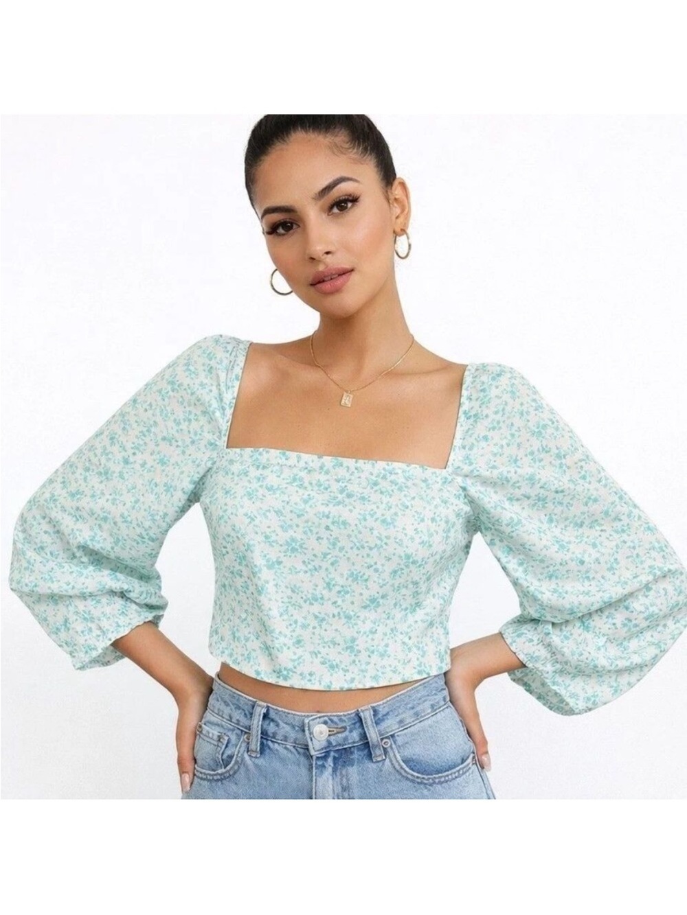 NEW Levi’s Green Ditsy Floral Statement Blouse Cropped Long Sleeve Size Medium
